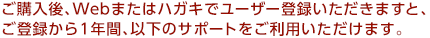 ご購入後、Webまたはハガキでユーザー登録いただきますと、ご登録から1年間、以下のサポートをご利用いただけます。